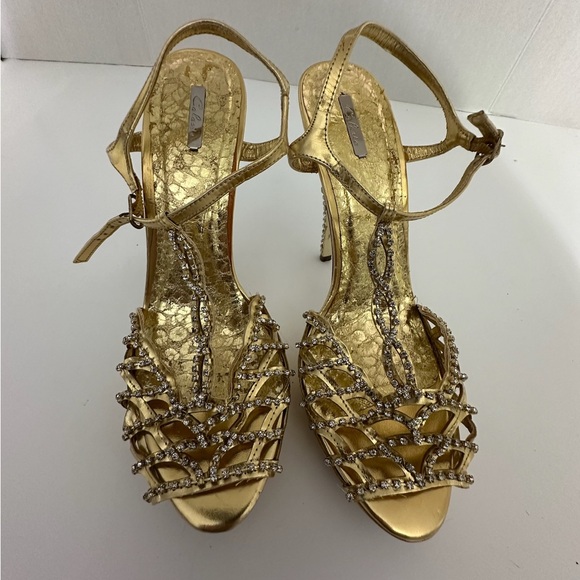 Celeste Gold Rhinestone Stiletto Heels Jewel Back Detail Y2K Size 10 - Picture 14 of 15